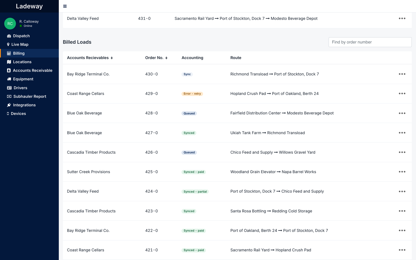 The Billed Loads list. An Accounting column shows one status chip per row: Synced, Synced and paid, Synced and partial, Queued, Error and retry, and a Sync button on the row that has not been pushed to the accounting system yet.