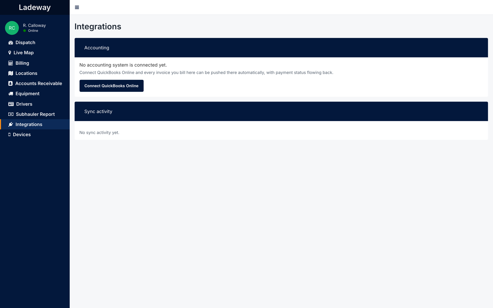 The Integrations settings page. An Accounting panel holds a Connect QuickBooks Online button, above a Sync activity panel that lists what has been pushed to the accounting system.